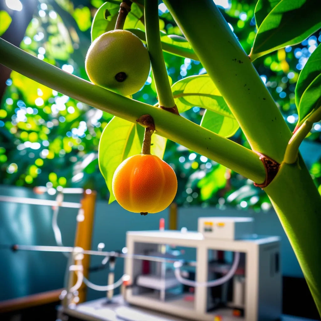Oubli fruit on a tree branch with a blurred indoor background
