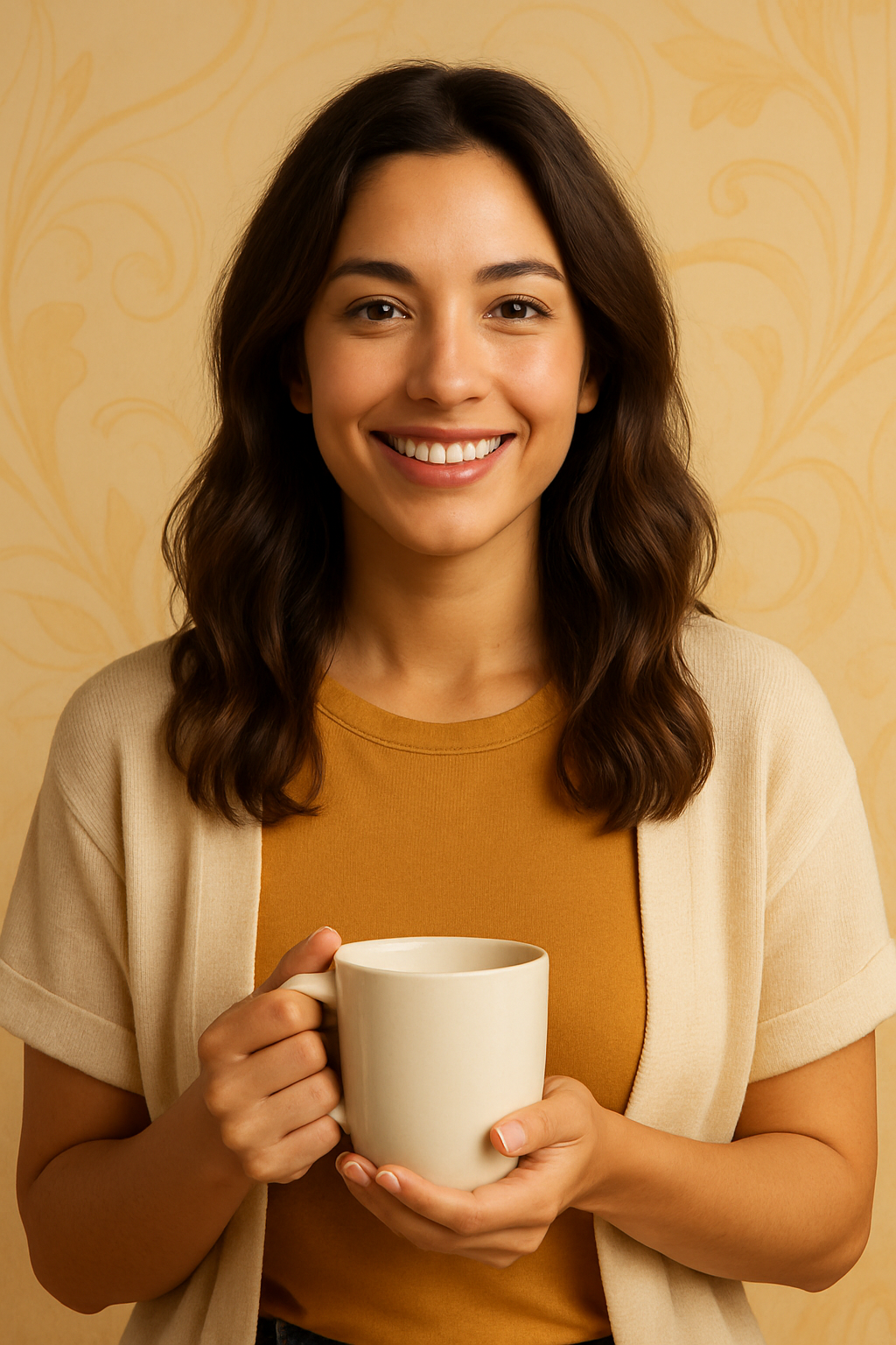 Woman holding a white mug against a beige background