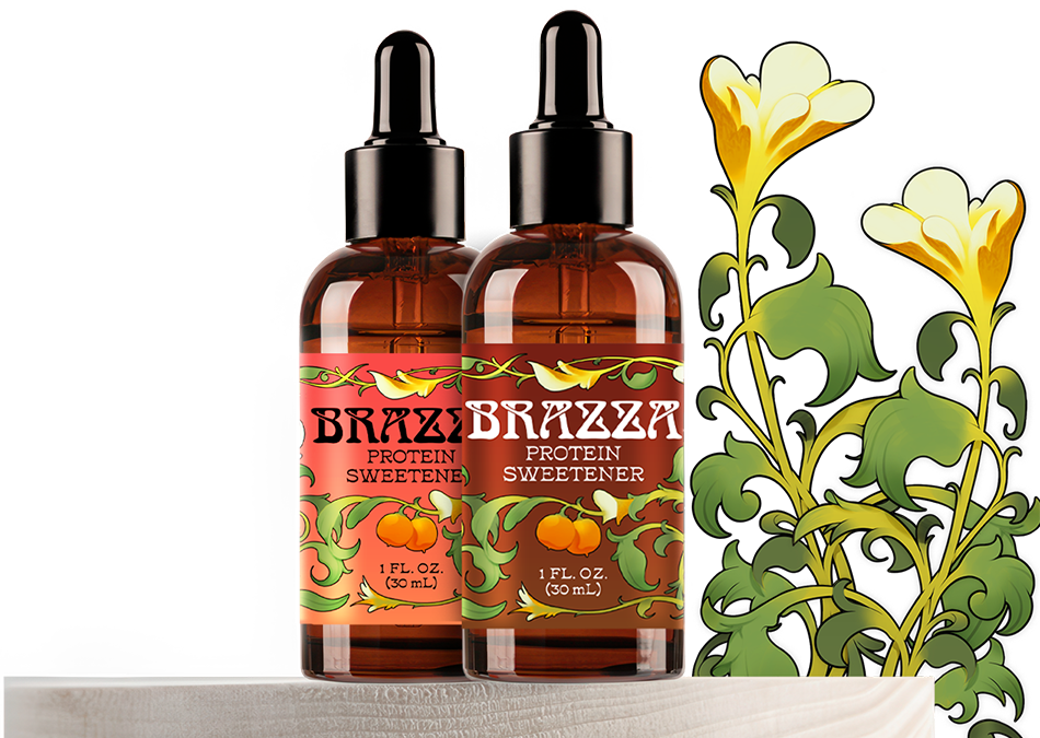 Two bottles of Brazza Sweetener with decorative elements