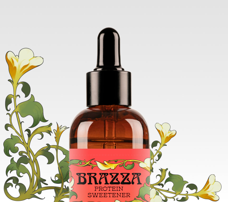 Brazza Protein Sweetener bottle with decorative elements on a light gray background