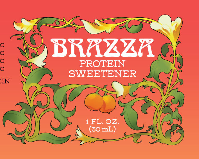 Brazza Protein Sweetener label with decorative elements on a red background
