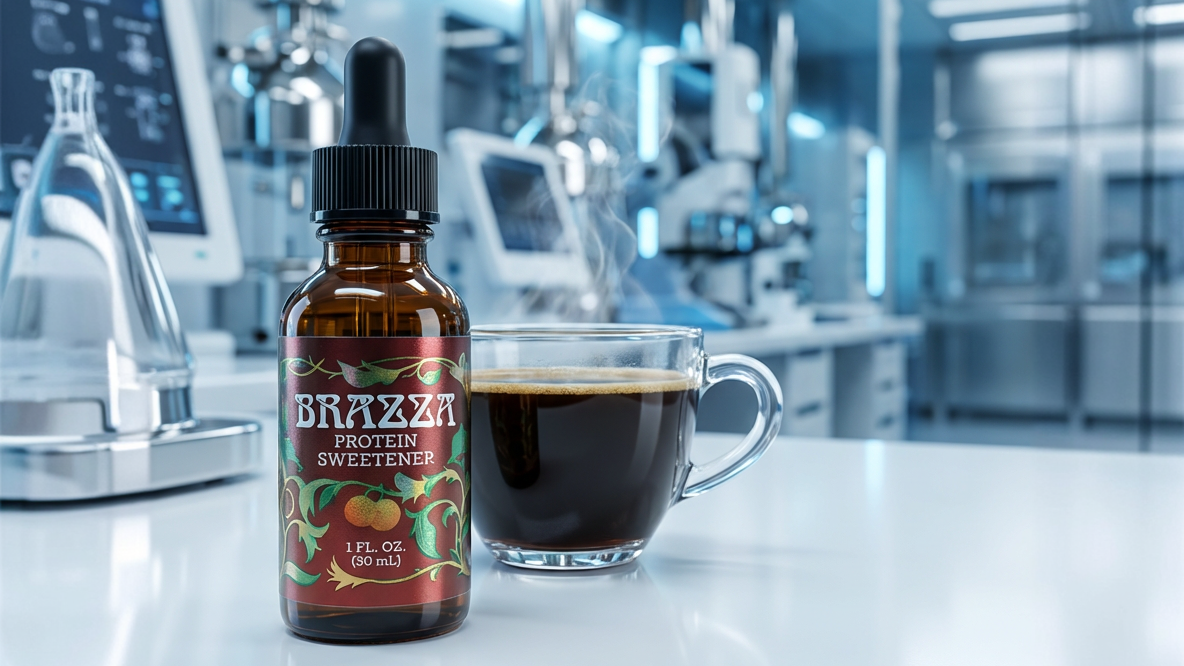 Brazza sweet protein blend next to a glass-walled cup of coffee