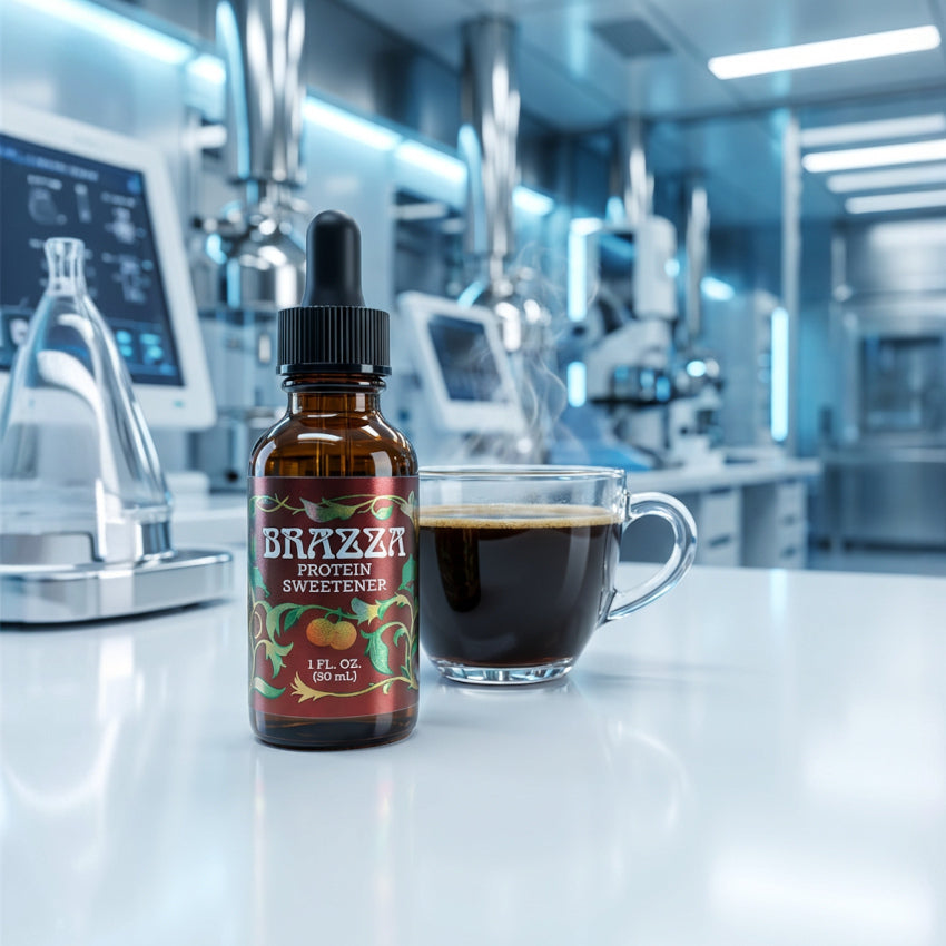 Braza protein sweetener bottle with a glass of coffee in a laboratory setting