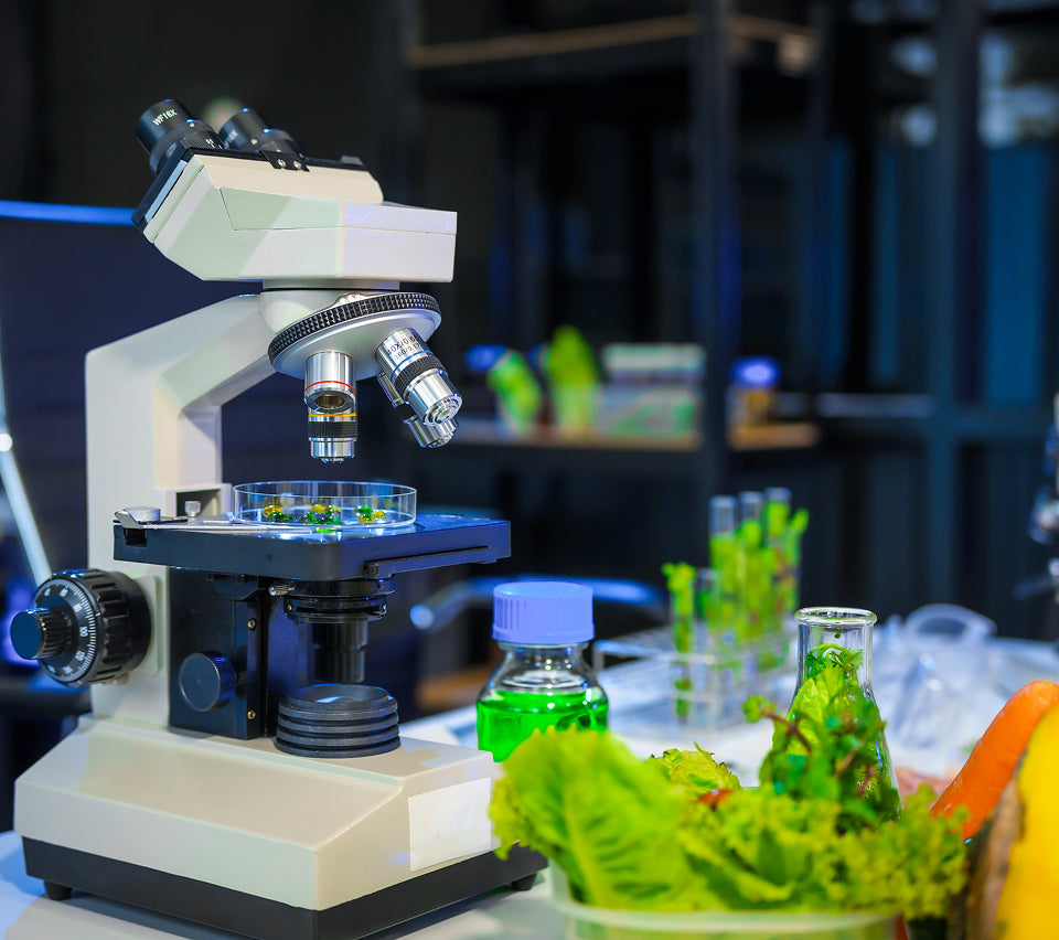 Microscope on a table with green plants and bottles in a laboratory setting